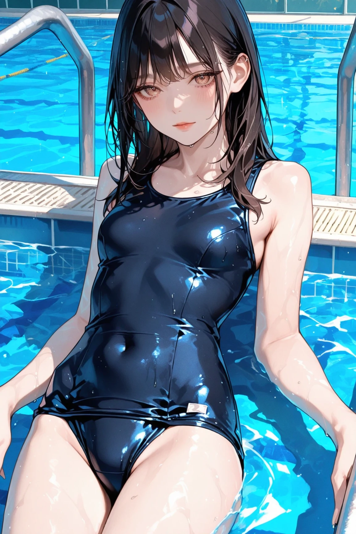 (8K), (highest quality: 1.2), (Realistic), (Realistic: 1.37), Ultra-high resolution,1 Japanese female,Night Pool,A radiant smile,Clear unevenness,Slender,Wet navy blue one-piece swimsuit,Realistic clothing wrinkles,Wet straight hair,Beautiful water splashes,whole body,Shoulder straps,Protruding nipples