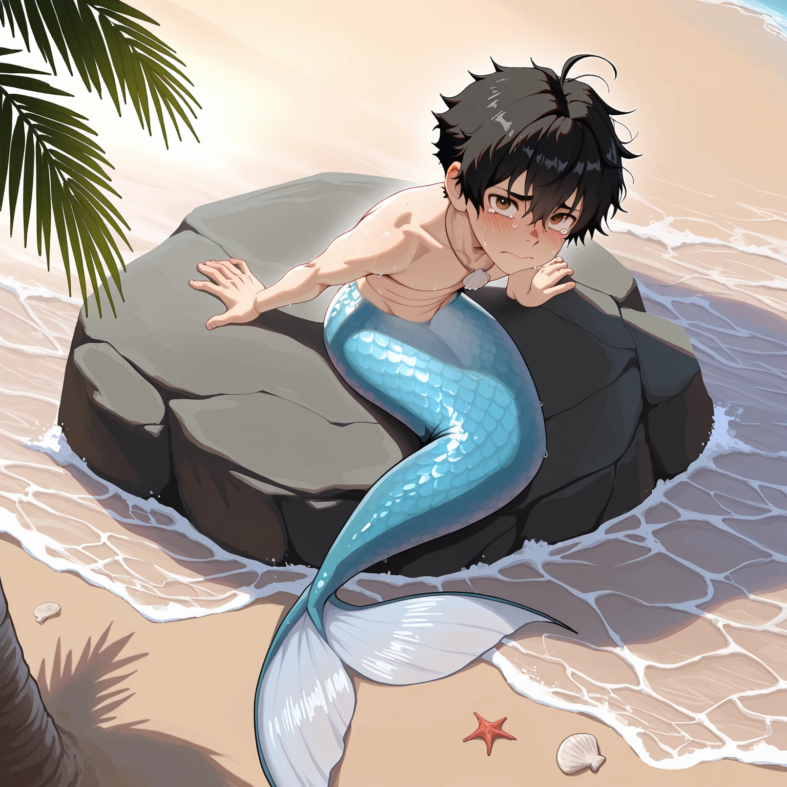 (merman men)、delicate、15 years old、sandy beach、sitting