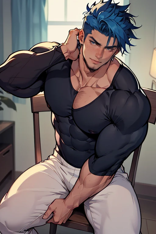 Highest quality、masterpiece、pov shot、(muscular male:1.2)、(father:0.5)、独奏、Shaved head、Blue Hair、(sweat:1.3)、steam、tattoo on chest、tattoo on leg、On the upper half of his body he was wearing a tight fitting black shirt with an open neckline.、The lower half is green shorts、shoot from front、Inside the house、Getting ready to go out、I'm excited