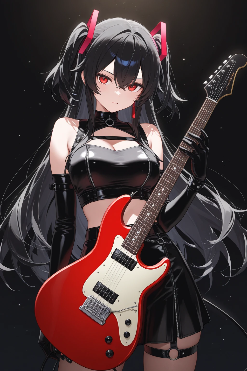 Red and black Twin-tailed bun hair, flashy haori and hakama, high heels, heavy metal, electric guitar, stage