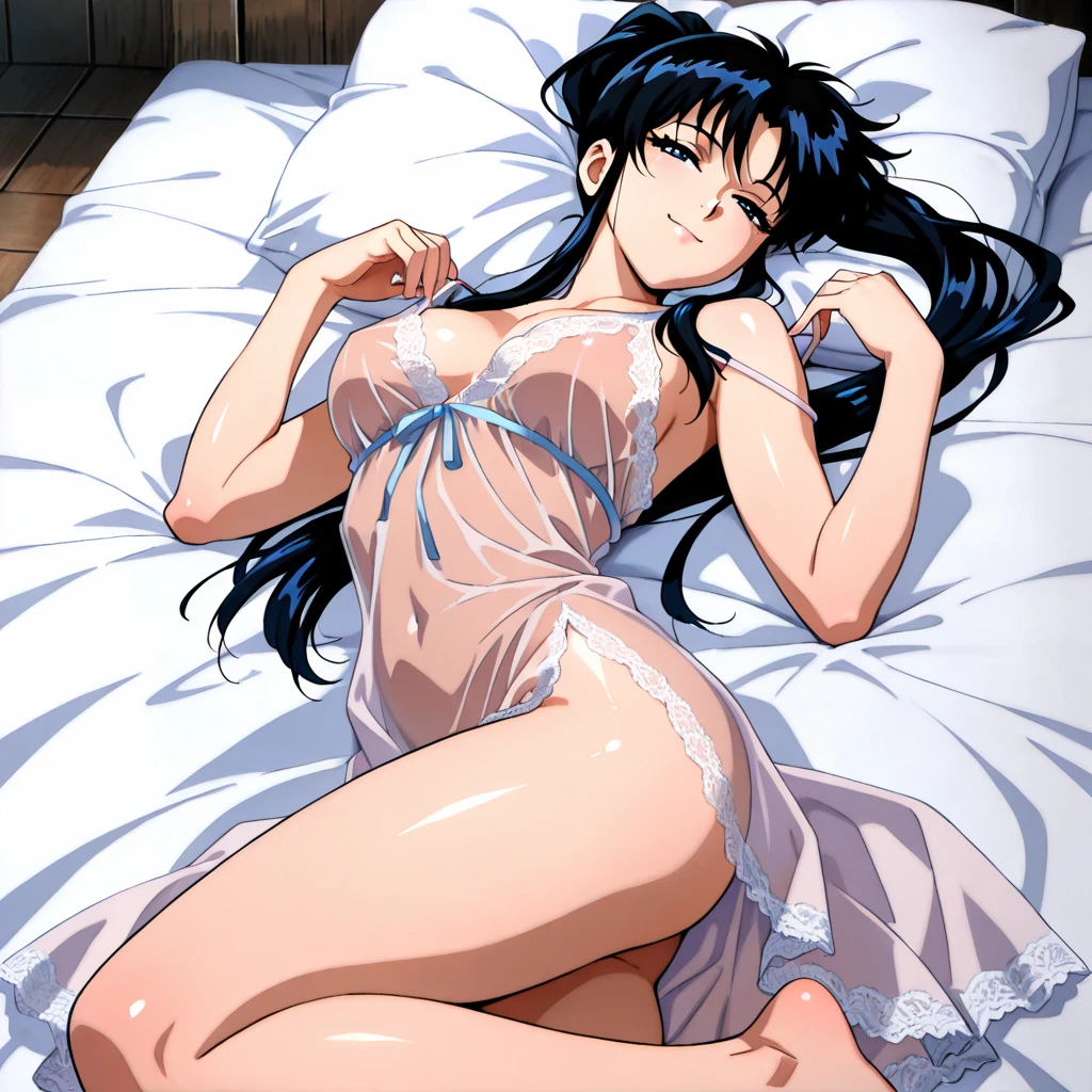 (masutepiece),(Best Quality), Katsuragi Misato, robe blanche, Brown eyes, Cross Necklace, Lingerie with small area、Persistent stare, Sharp eyes、Lying in bed、Seductive