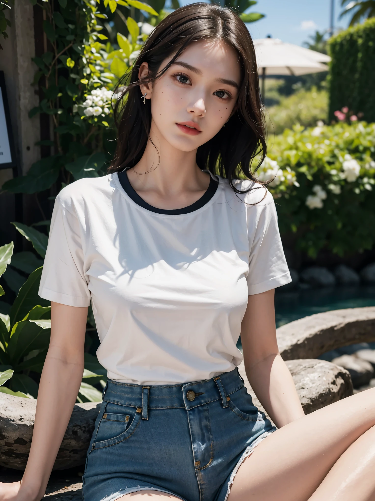 Asian woman Araffe wearing a white shirt and jeans shorts poses for a photo., Korean female fashion model, หญิงKorean girlที่งดงาม, Wear simple, tight-fitting clothing., Photo of a slim girl model, Korean girl, beautiful south korean women, หญิงKorean girlที่สวยงาม, Casual clothing style, The shirt is tight., Thin waist and thick hips, Photo of a slim girl, modern casual clothing