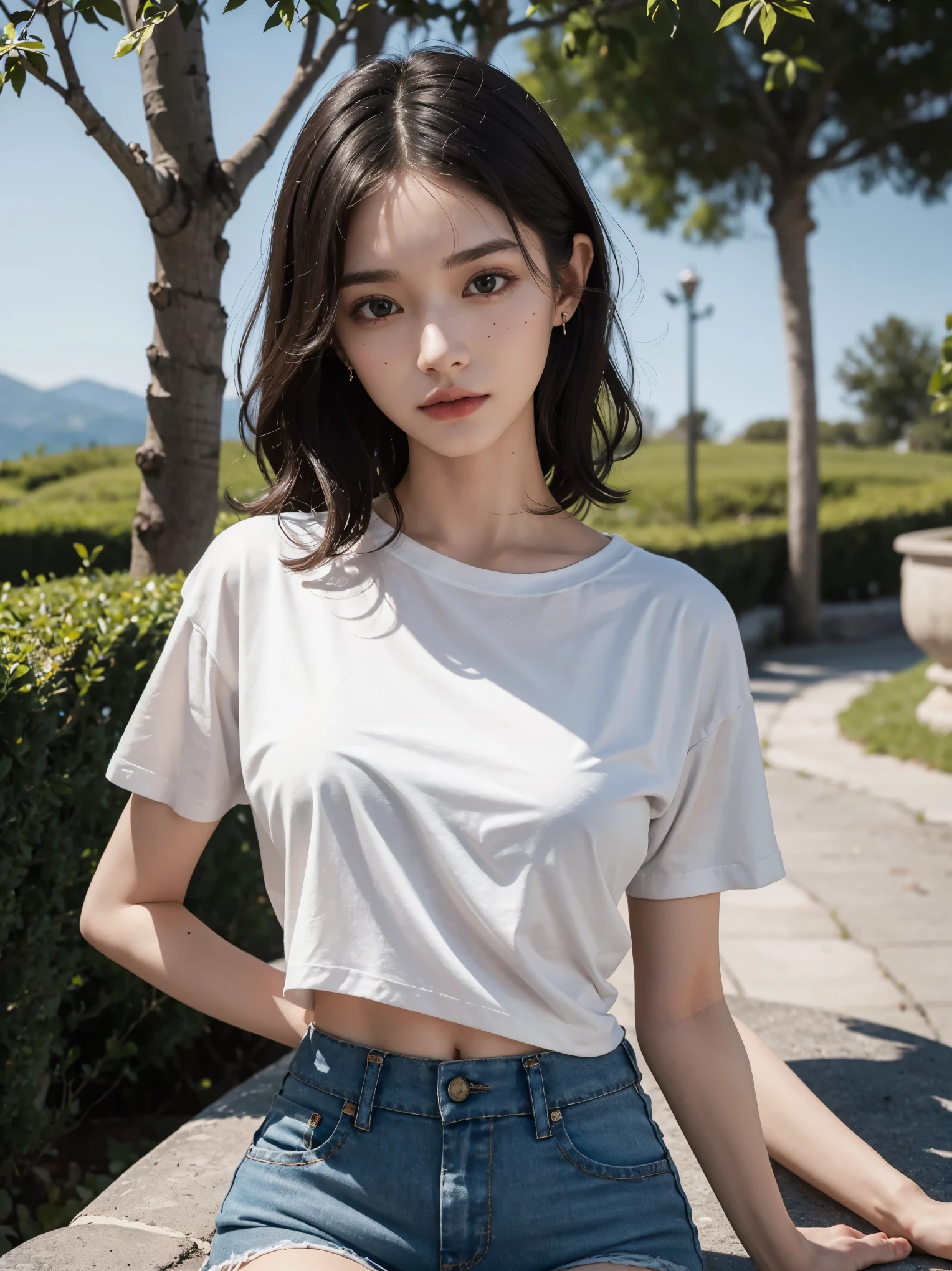 Cute little girl s , Short Cut , Blue skinny jeans , white t-shirt , Eye makeup , Asian , nsfw