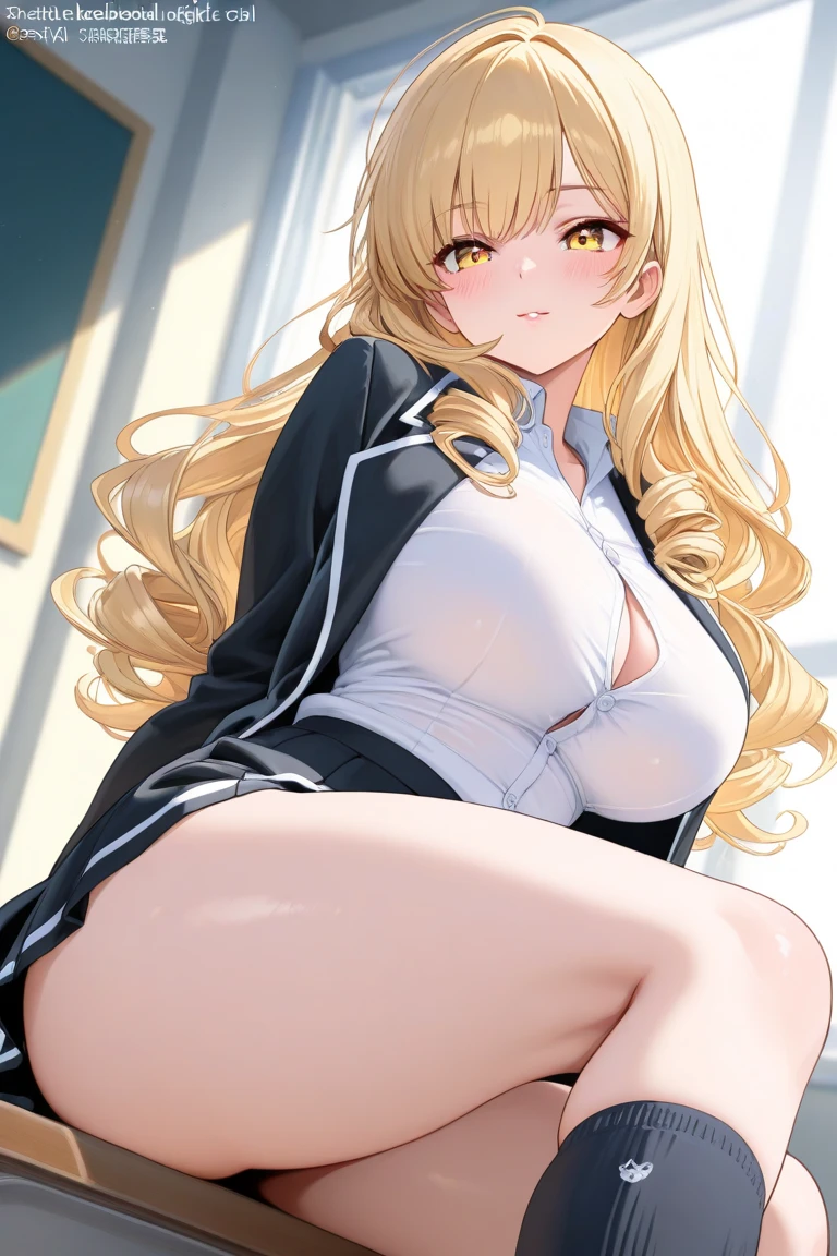 A 19 year old blonde girl, with green eyes, returns to the living room, naked with a flirtatious look towards the camera.