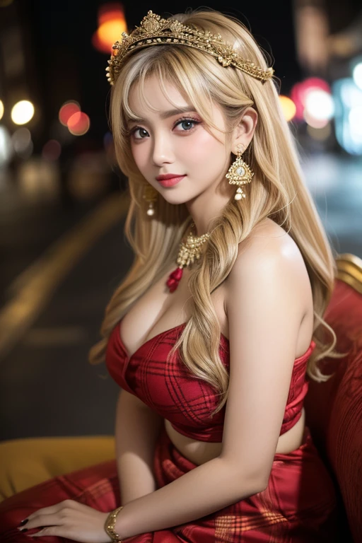 ((Highest quality, 8K, masterpiece :1.3)), Sharp focus :1.2, Beautiful woman with perfect figure :1.4, Slim Abs :1.2, ((Big Breasts, Emphasize cleavage:1.3)), (Photorealistic:1.4), (realistic:1.4), (Blonde:1.5), Highly detailed face and skin texture, Fine grain, double eyelid. Makeup face. A little bit of lipstick, necklace, Earrings, sex appeal, Sexy gravure pose, ((Beautiful woman in a red silk dress、Looking down on the night view from the balcony、Sexy smile、Long hair fluttering in the wind、Pulling down the neckline of her dress。:1.3)