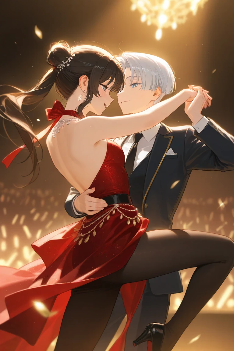 white hair, 1 girl, sexy, wearing a tight red dress, dancing on stage on the bar