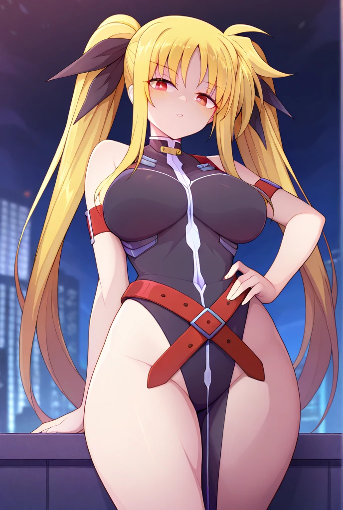 長い髪のbeautifulアニメ風の美女, (((Blonde)))Twin tail hair,(((Highest quality)))Transparent Hair,face of compassion,(((Red eyes)))Beautiful woman full of pleasure,(((A well-defined, glamorous body)))((Huge bust))Tight waist,(((光沢感あるRadical modern suitを着ている))),(((Radical modern suit)))Wearing a modern suit that exposes the chest, navel, and thighs,Armor(((beautiful)))Fair skin,(((Standing provocatively)))Full Body Shot,(((background)))wood,fog,Red Moon,Mysterious flower,City in Ruins。