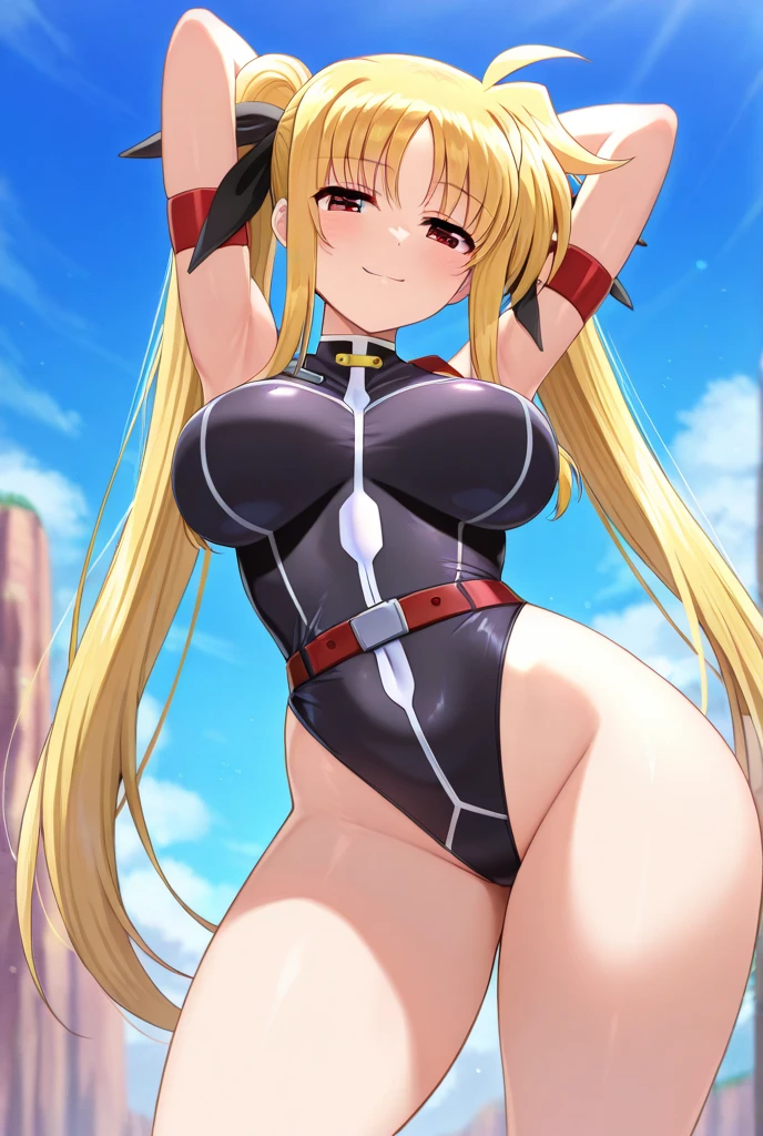 ((Best Quality)), (ultra-detailliert), ((Extremely detailed)), (Beautiful), ((Kawaii Girl)),  ((UHD)), (masterpiece), (high quality), (best quality), (4K), (high quality), 1, solo girl, 1girl, ((platinum blond hair)), parted bangs, ((hair intakes)), long hair, (hair two side up long), ((jade colored eyes)), slanted eyes, medium breasts, slender body, competition swimsuit, from directly below, shoot from behind, Pool Background, (blue sky:1.3), solar, sunlight, anime, ;D