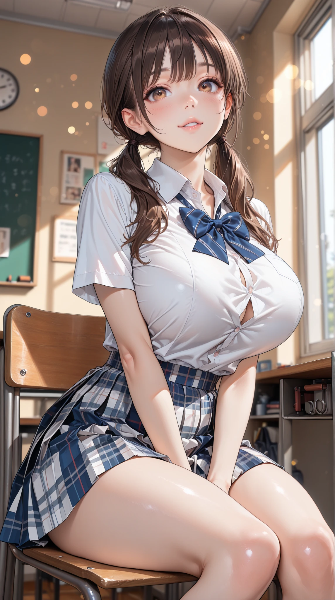 (masterpiece:1.2), (best quality:1.2), kawaii, 1girl, solo, breast rest, (gigantic breasts:1), ((breasts on table)), school uniform, sweater, looking at viewer, school desk, smile, hair between eyes, black hair