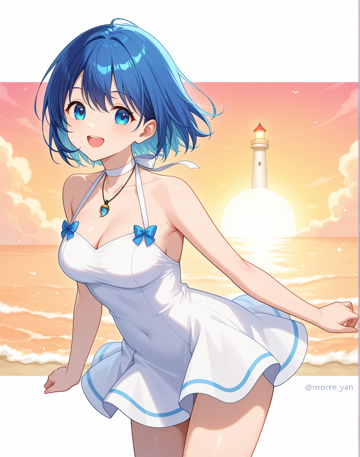 1girl, rabbit ears, animal ear fluff, (animal ear fluff), white rabbit ears, light blue hair, blue hair, very short hair, purple eyes, one eye closed, large breasts, thick thighs, hourglass figure, light smile, one-piece swimsuit, competition swimsuit, bare legs, mature female, blue swimsuit