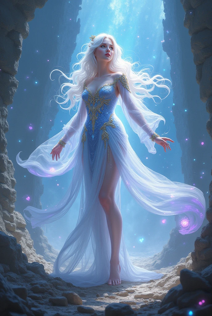 a woman in a long dress is standing in a swirling vortex, astral ethereal, flowing magical robe, channeling swirling energy, astral appearance, wearing flowing robes, portal to the ethereal realm, ethereal and otherworldly, strange ethereal being, flowing robes, swirling magical energy, an interdimensional being, beautiful celestial mage, ethereal angelic being of light