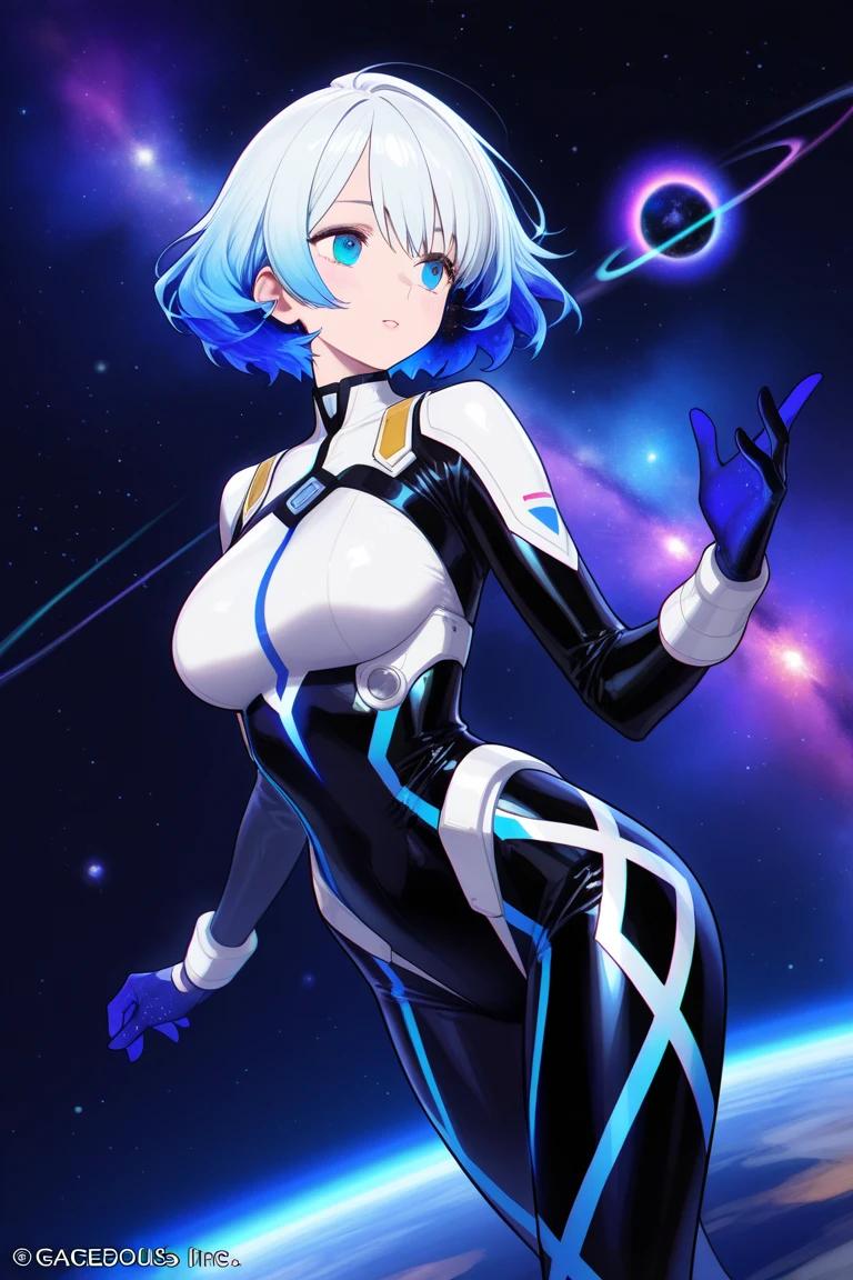 8K, 1girl in,spaceships,body suit, natta,intergalactic, spaces, huge-breasted, Having a laptop, Look at viewers, , solofocus, cowboy  shot, (​masterpiece:1.4),(top-quality:1.4),(Glossy肌),Steamed body,Glossy