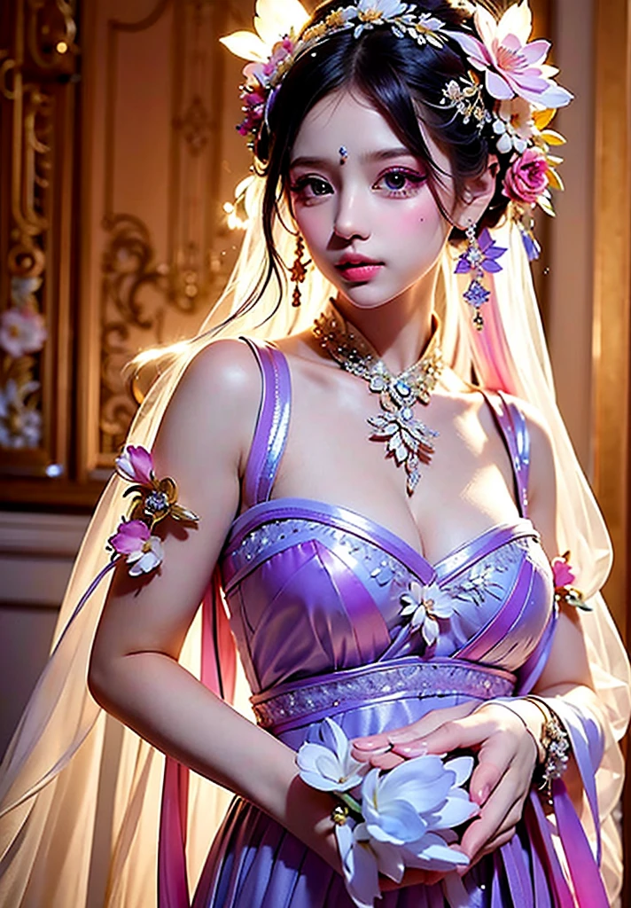 Silver Hair, Big smile, One 20-year-old girl, 1. Goddess Athena, Pink purple silk dress, The beautiful, flawless face of the goddess Athena, delicate yellow nightgown, Lots of sexy black lace detailing、Long sheer sequined nightgown, A beautiful pale red silk half veil, Legends of female saints, Icons of female saints, Beautiful goddess-like glitter, Dark and mysterious version, Vermilion lips, Plump red lips, ((口をclose:0.9)), Complete teeth, Symmetrical incisors, Bright white teeth, ((Angry face:0.8)), delicate and beautiful pino detailing, delicate and beautiful lip detail, (Pure and perfect face: 1.9), Female Eucharist, Round Breasts, 大きくてRound Breasts, Phoenix Brooch, Long, flat bangs, Long black hair, Beautiful, clear face and well-proportioned eyes, (Light purple eyes with transparent irises: 1.8), (Big round eyes and makeup, Sexy wet eye makeup, So beautiful、Careful hair and makeup, long and delicate blonde hair, delicate, Body image: 1.8), shape: Brilliant and, (The stars that make up the sky々: 1.7), (The Gate of Heaven and Imaginary Time and Space: 1.8), Imaginary art, RAW Photos, hanfu pictures, Best Photos, High resolution, 最high quality, Best Photos, Best Goddess Quality, 8k female, Super 8 Single Saint Portrait, The most true color scheme, masterpiece, Best Beauty Brands, Best Hair Jewelry, Brand real photo, Dark studio, Border Light, Two-tone lighting, (Rosy white skin: 1.4), (High skin detail: 1.1), 8k uhd, SLR, Soft Light, 8k, high quality, Frank, Smooth and sharp volume, 10x more pixels, Sexy Goddess, Sexy Goddess, (Background Space: 1.8), (The most beautiful aurora eye: 1.7), Beautiful Eyes, The aurora is beautiful and flower-like, (Beautiful single women: 1.8), (see here:0.8), close, Approaching the Goddess, Clear and unrealistic