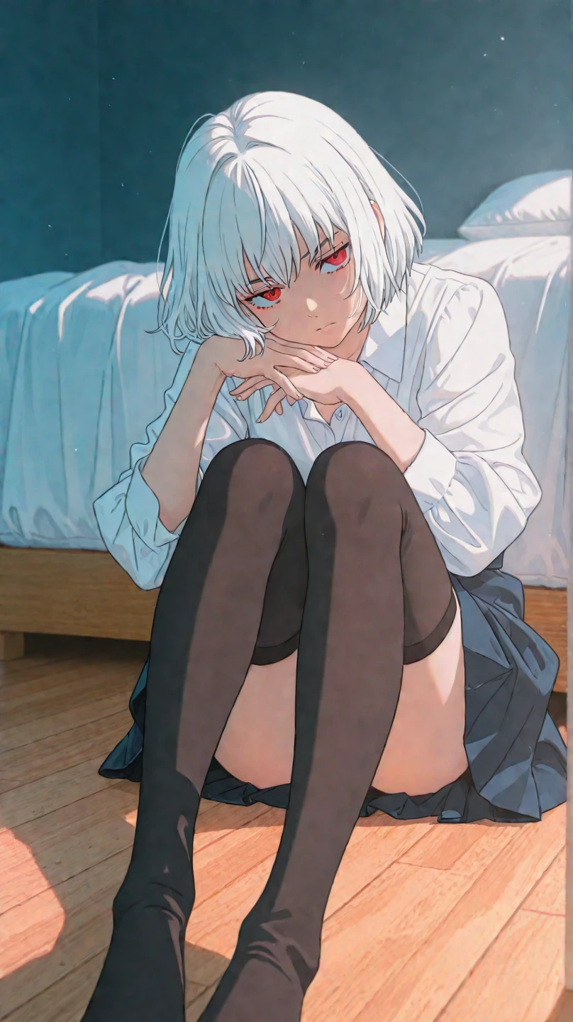 work of art, best qualityer, high resolution, 1girl horns short hair demon tail, white shirt black ascot black gloves black pants black vest lying on your back, sheet, arms up,ssmile
