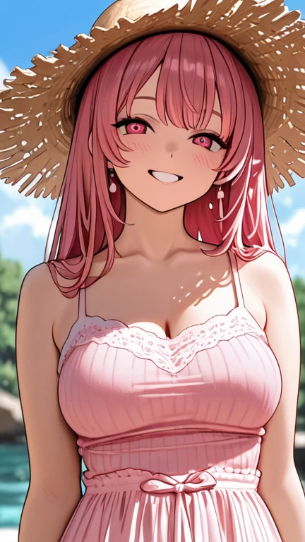 masterpiece, highest quality, Very detailed, High resolution, An expensive solution, High resolution, 4K, 8k, unity 8k wallpaper, Very detailed CG, masterpiece, Realistic、 Beautiful details, depth, Fine texture, highest quality: 1.3, Total concentration, Crisp skin, he, Very cute anime, Cute like an idol, expensive pink long hair, One Girl,bikini、Big Breasts、Sandy Beach、Ocean 、Palm tree、Tropical Juice、 hibiscus hair accessory, smile、long pink hair, whole body, Mole under the eye, Line Sight, expensive, blush, Lips parted, heart, Pink Eyes, choker