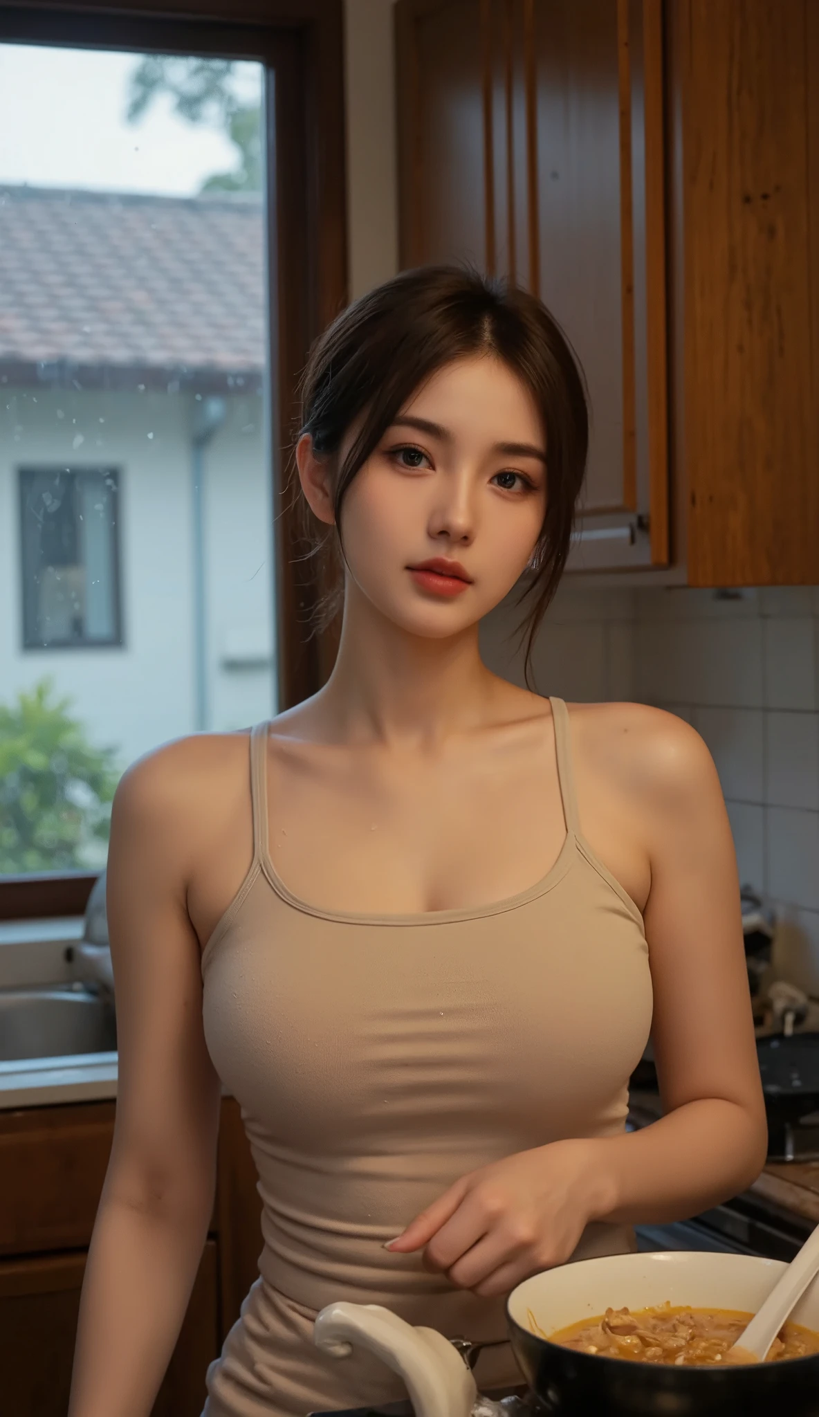 Night, ((1girl, one girl, big cleavage unbuttoned white top, cute white knickers, in the kitchen, openlegs on a wood chair, camel toe, having dinner)),( rich detail, crisp detail, sharp image, 8k RAW photo, highest quality, High resolution:1.1), (hyperrealistic:1.4),(realistic, photorealistic:1.3), soft light,realistic face,realistic body,realistic skin,disorganized,masterpiece,(cute:1.8), 165cm height, , (((baby face, r))), ((Beautiful big breast)), ((medium length, smooth straight hair, (dark hair)), hair),fine black eyes,innocent eyes,droopy eyes,Watery eye,open lips,blush,good style,colorful lights,film Grain,,look viewer,((full Body photograph)), teenager,professional lighting,portrait,photon mapping,radio city,Physically based rendering, japanese girl,shot from front