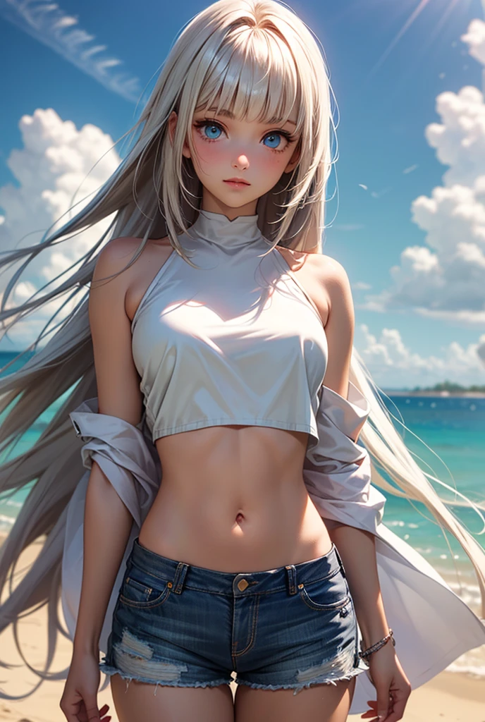 8K,gal,an extremely delicate and beautiful,Beautiful and realistic skin,Shiny jewel-like earrings,Shine like glitter long white hair,beautiful eyes,Fashion Model,full body,sleeveless white sweater,short shorts