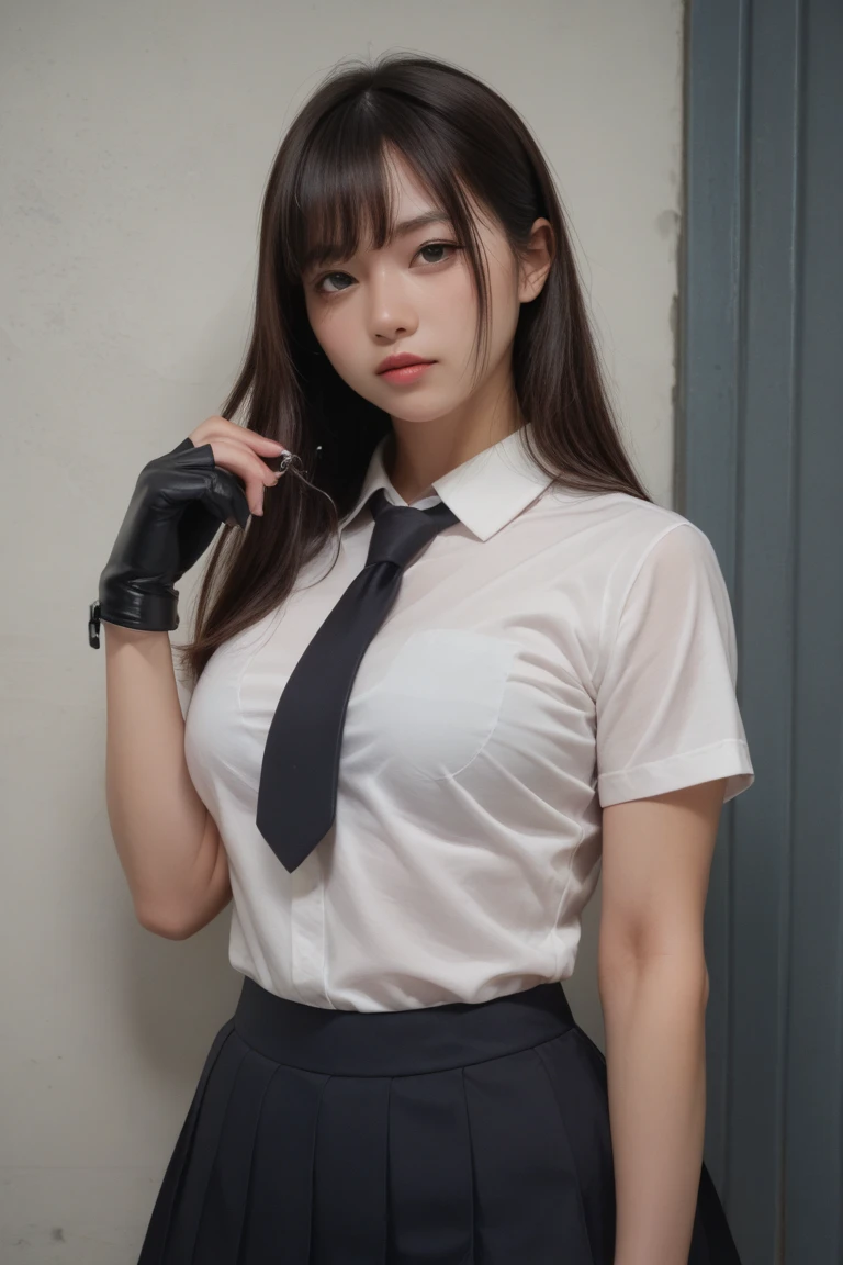 masterpiece, best quality, ultra-detailed, illustration, epic lighting, cinematic composition, isometric, 1girl, solo, cute, brown eyes, black hair, swept bangs, single sidelock, red hairclip, white collared shirt, black necktie, black pants, formal, enchanting gaze, captivating pose, indoors, office, door, opening door, looking at viewer, peeking out upper body, blush, seductive smile, closed mouth,(8k:1.1),