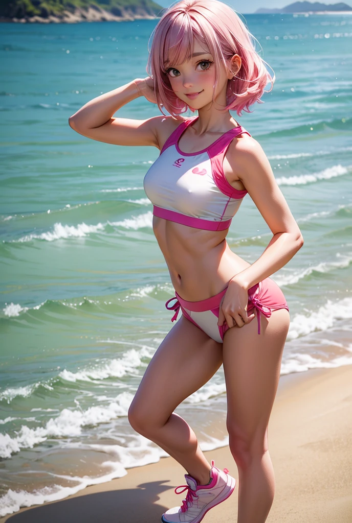 (NSFW:1.2), (8K, Raw photography, Top image quality, masterpiece: 1.4), The ultra -The high-definition, (realisitic, Photorealsitic: 1.48), 20yr old, Cute little girl s, (See-through white micro bikini:1.48), Japanese famous actor,tilt of the head, cowboy shot, From Side, looking at the viewers, deadpan, Beautiful lake, Zeiss 150mm f/ 2.8 Hasselblad, full body Esbian, for feet, ultra wide-angle,Sakura Haruno,A pink-haired,shorth hair,Red headband,Green eyes