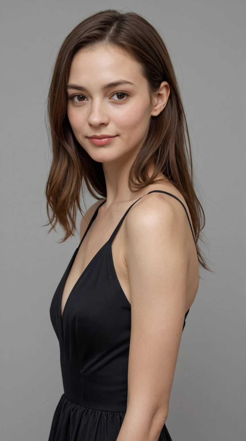there is a woman in a black top and a black jacket, portrait sophie mudd, , thick neck, 24 year old female model, angelawhite, violet myers, 22 years old, she is wearing a black tank top, 21 years old, profile image, italian, Alycia Debnam-Carey, looking straight ahead,hazel eyes, realistic, post-processing, maximum detail, portrait shot