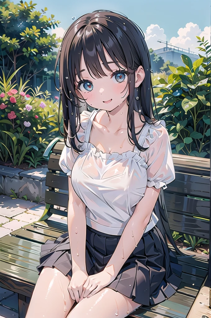 ung girls, (extremely detailed beautiful face), Smile happily, (Best Quality:1.4), (Ultra-detailed), (extremely detailed CG unified 8k wallpaper), Highly detailed, High-definition raw color photos, Professional Photography, Realistic portrait, Cinematic Light, Bangs, (High School Uniform, Pleated mini-skirt:1.3), smile, ((forest)), ((hot spring, onsen)), (flower garden), (lots of wildflowers:1.5), sitting, (view from below),