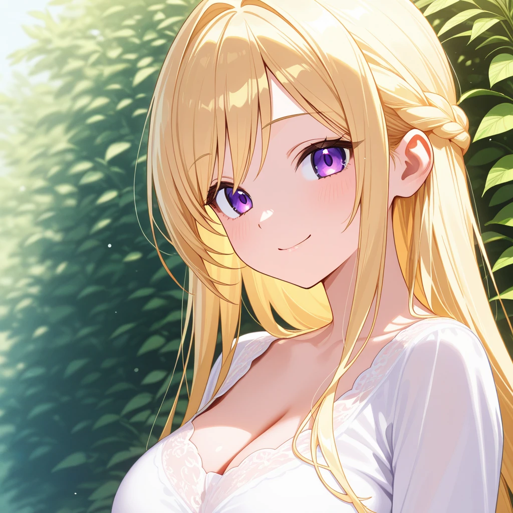 ((masterpiece)), ((best quality)), (ultra-detailed), ((kawaii)), cute, (lovely), ((sexy)), (ero), ((extremely detailed)), 4K, (8K), best quality, (beautiful), anime style, dynamic angle, in the middle, look up from below, colorful, upper body focus, green meadow, morning, sunrise, summer, a cute girl, 1girl, solo, white dress, beautiful gold hair, beautiful purple eyes, ((beautiful eyes)), white-skinned, long hair, large breast, light smile, sparkling effect, glitter effect, lens flare, wind effect, reflection effect