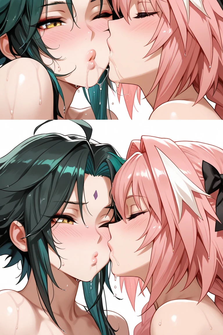 Two girls kissing, one with pink hair and green eyes, another with black hair and gray eyes.