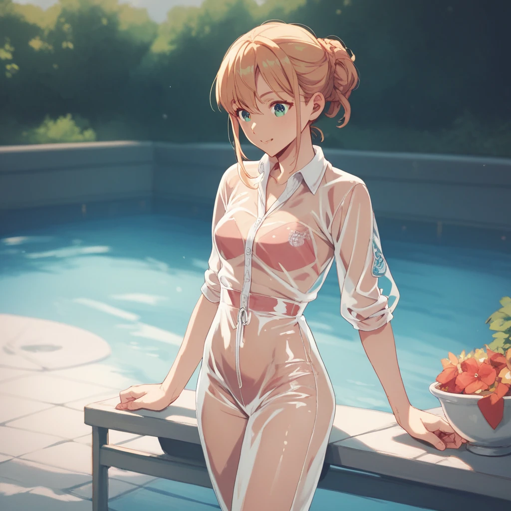 masterpiece, absurdres, best quality, ultra detailed, high Resolution, detailed illustration, bright colour, (extremely beautiful detailed face and eyes, Delicate beautiful face, 1 girl, 18yo, cute face:1.3), (magenta eyes:1.1), sparkling eyes, big eyes, (medium breasts:1.3), (perky breasts:1.1), (pointy breasts:1.1), medium hips, glamorous body, white skin, BREAK, (blonde hair:0.8), messy hair, detailed hair, shiny hair, BREAK (mini casual dress, see-through, down blouse, no bra:1.3), perfect lighting, (ecstasy, vulgarity:1.5), (embarrassed:1.3), (Wet Hair, wet, Sweaty:1.5), pool, Thighs, Butt crack,