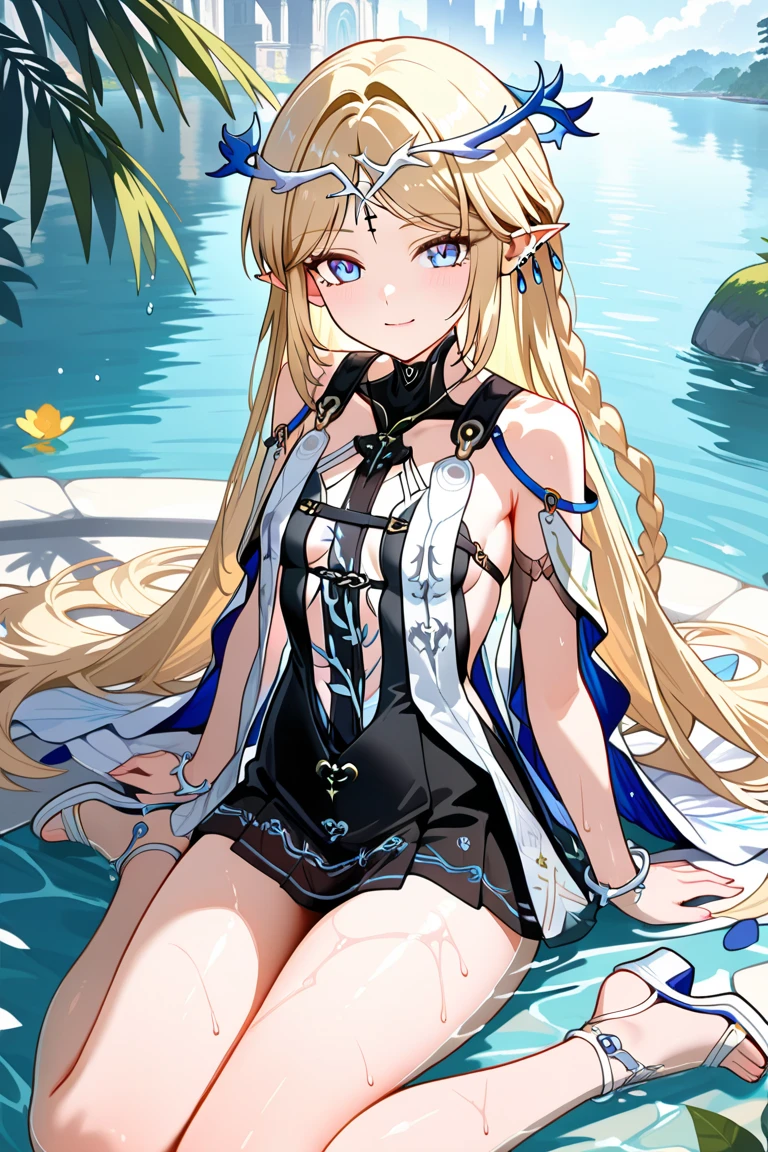 teens girl,divino,Enchanted,having fun,Being in love,Light dress,intricate detailed clothes,Pattern,swimming uniform,inside in room,solo person,blond hairbl,