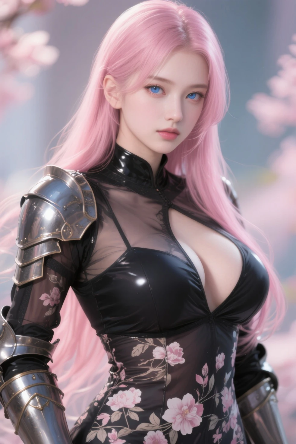 (masterpiece), best quality, expressive eyes, perfect face, beautiful details face, beautiful round eyes, full body, A beautiful mature woman in cyber armour suit shows her Extremely busty and attractive breasts, (arrogant face), (platinum pink hair), (high ponytail, expressive hair, shiny hair, glowing hair, multicolored hair, gradient hair, colored inner hair, straight hair, medium long hair), fair skin, (beautiful detailed full bodysuit:1.3), (full body cyber armour), glowing and shining armour, silver and pink cyber armour, (Edge lights:1.3), (silver and pink colour scheme:1.3), neon light on armor, beautiful details eyes, (pink eyes:1.3), (glowing eyes:1.2), (Gigantic saggy breasts:1.5), tight breasts, thick body, (well accentuated curves), pink lips, (silver nails), mascara, Long eyelashes, eyeliners, (Extremely wide well defined hips:1.3), (beautiful massive thick thighs:1.3), slender figure, (Extremely detailed skin texture:1.2), beautiful detailed realistic muscle definition, golden lights that shimmer, high detailed eyes, ultra-high quality model, proportionate, intense colouration fantasy, (background fantasy floating cyber city), pink and gold tetradic colours, random poses, earrings, (1girl), solo, shine