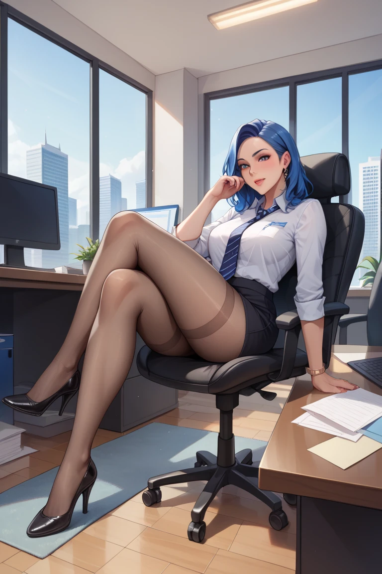 masterpiece, best quality, ShenheV4, 1girl, solo, looking at viewer, blush, skirt, shirt, long hair, hair over one eye, hair ornament, bare shoulders, sitting, full body, pantyhose, thighs, shoes, sleeveless, alternate costume, belt, black skirt, nail polish, black footwear, high heels, legs, black pantyhose, bare arms, sleeveless shirt, blue shirt, pencil skirt, blue nails, knee up, contemporary, office lady, id card, office chair, <lora:ShenheV4-06:0.75>