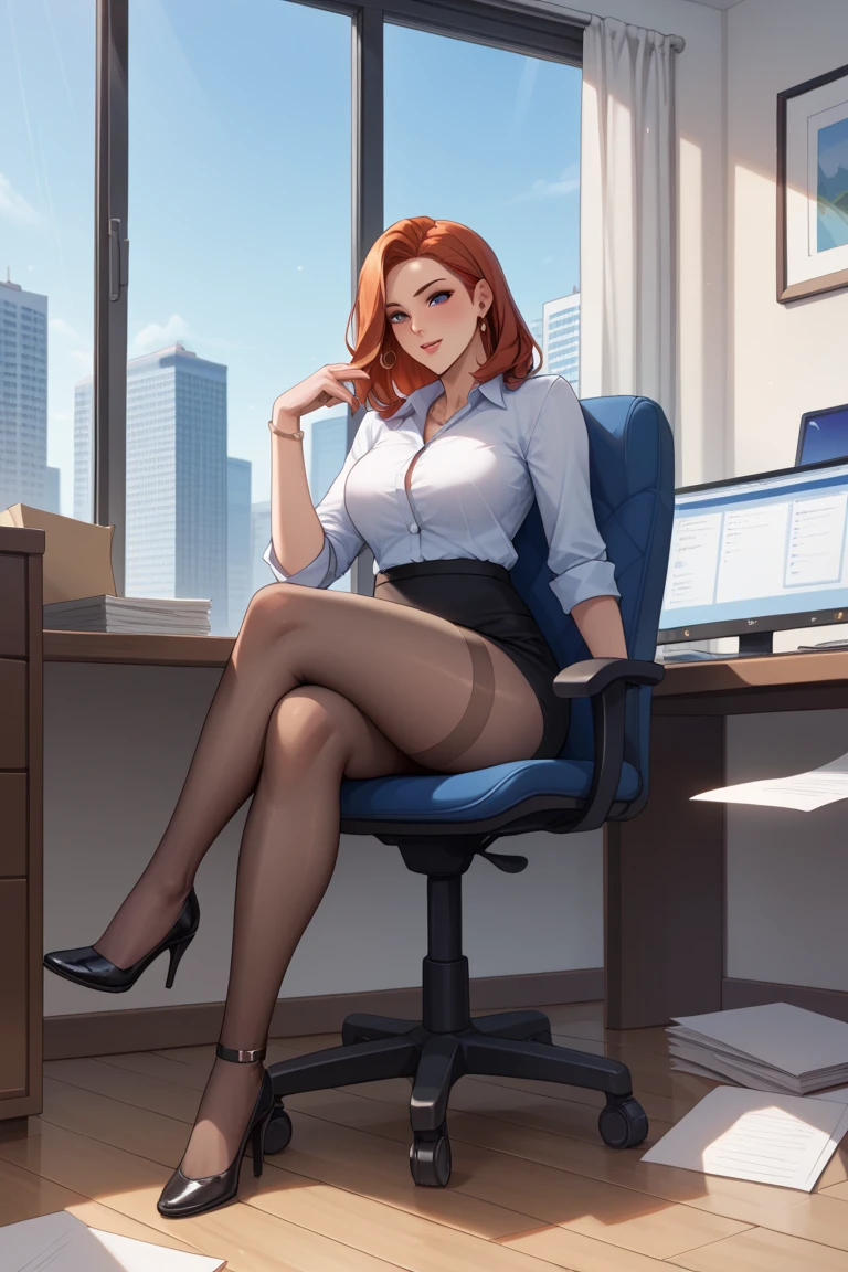 score_9, score_8_up, score_7_up, Merida (sexy, short hair, office dress, orgasm), American, night city, masturbation in the office, sexual harassment, long legs, one hand on bra, shapely
