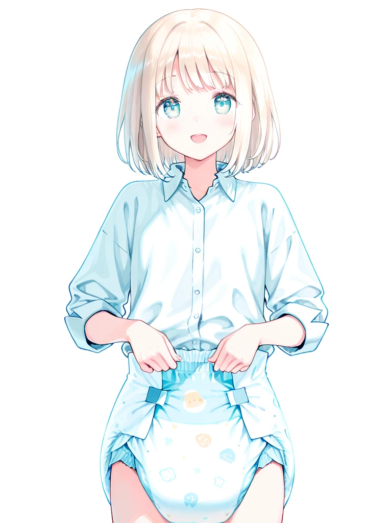 blue eyes,long eyelashes,frilly baby blue pinafore dress,standing,collared blouse,big puffy short white sleeves,hair ribbons,,big puffy diaper,frilly ankle socks,mary jane shoes,curly pigtails,blonde hair,solo,masterpiece,fullbody,(big puffy diaper),diaper cover,skirt,pacifier,teen,baby blue skirt with frilled hemline covering diaper a bit,