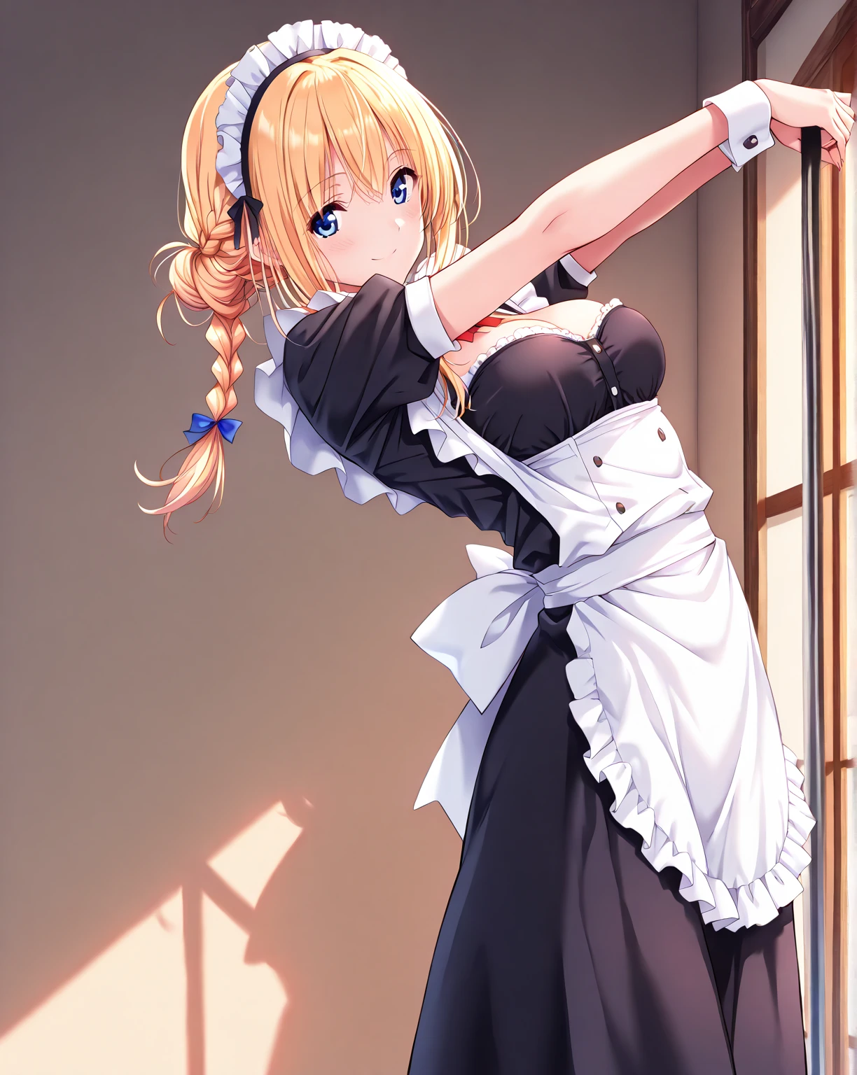 (masterpiece, best quality:1.2), <lora:style_alp-20:1>, <lora:beelzebub_hilda-10:0.8>, cowboy shot, solo, 1girl, hilda, expressionless, looking at viewer, maid uniform, elbow gloves, choker