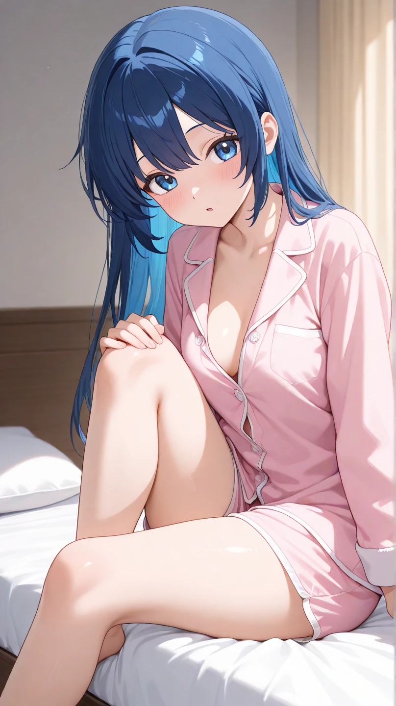 masterpiece, highest quality, High resolution, Horizontal image、brown eyes、smile、pajamas、nightwear、sleep、Are sleeping、Under the quilt、on the bed、Bedroom、Close ~ eyeidnight、short hair,blue hair, white skin、thick legs、,embarrassing,