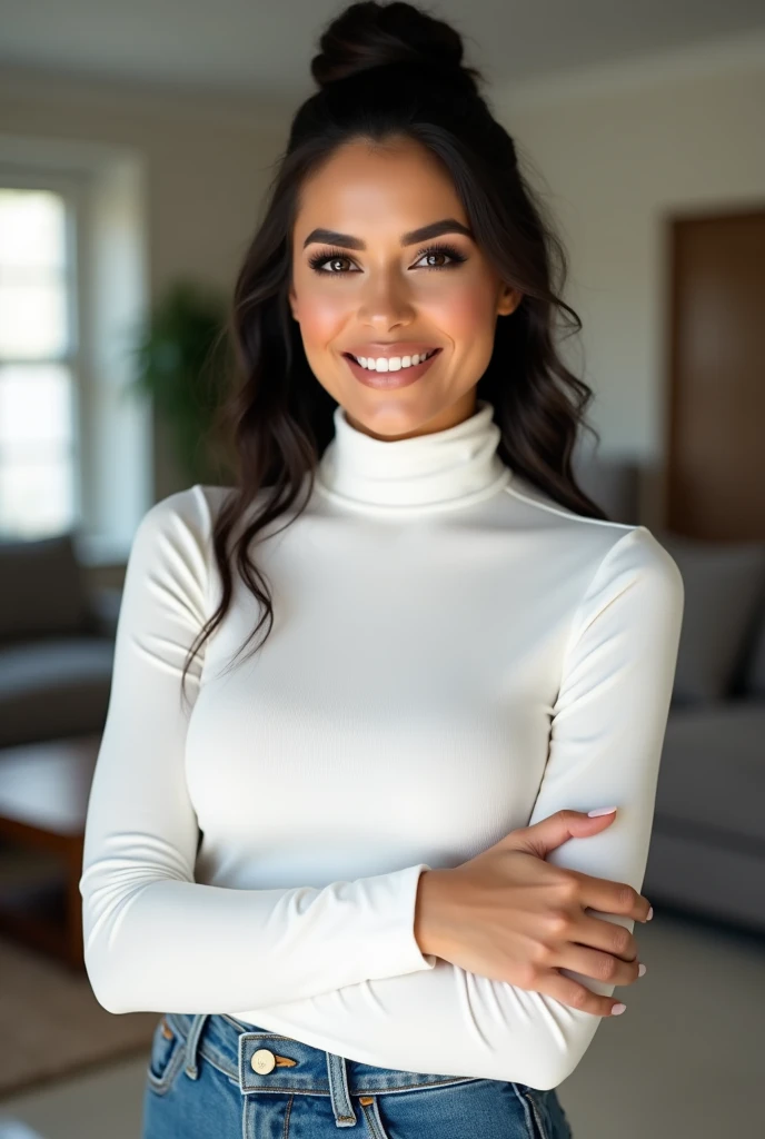 Completely realistic high detailed phot of a pornstar teen wearing a pure white tight ribbed turtleneck top and nothing else