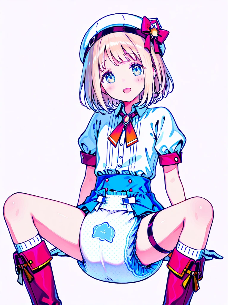 masterpiece, best quality, ultra detailed, ((striped panties, crotch focus, from below)), (spread legs, sitting, tomari_mari), (beret:1.8), (iwanagadress:1.2), iwanaga kotoko, blonde hair, short hair,