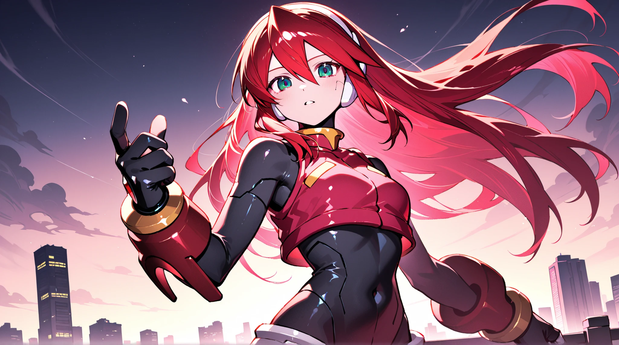 Profesora Sylara Stormblade in an anime style, as a tall, athletic Caucasian woman with long, vivid red hair and bright blue eyes. She is in a dynamic karate kick pose. Her attire includes tight-fitting blue leather pants and leather boots, which accentuate her athletic figure. The setting is a mountainous landscape, with the full-body image capturing the energy and style of anime action.