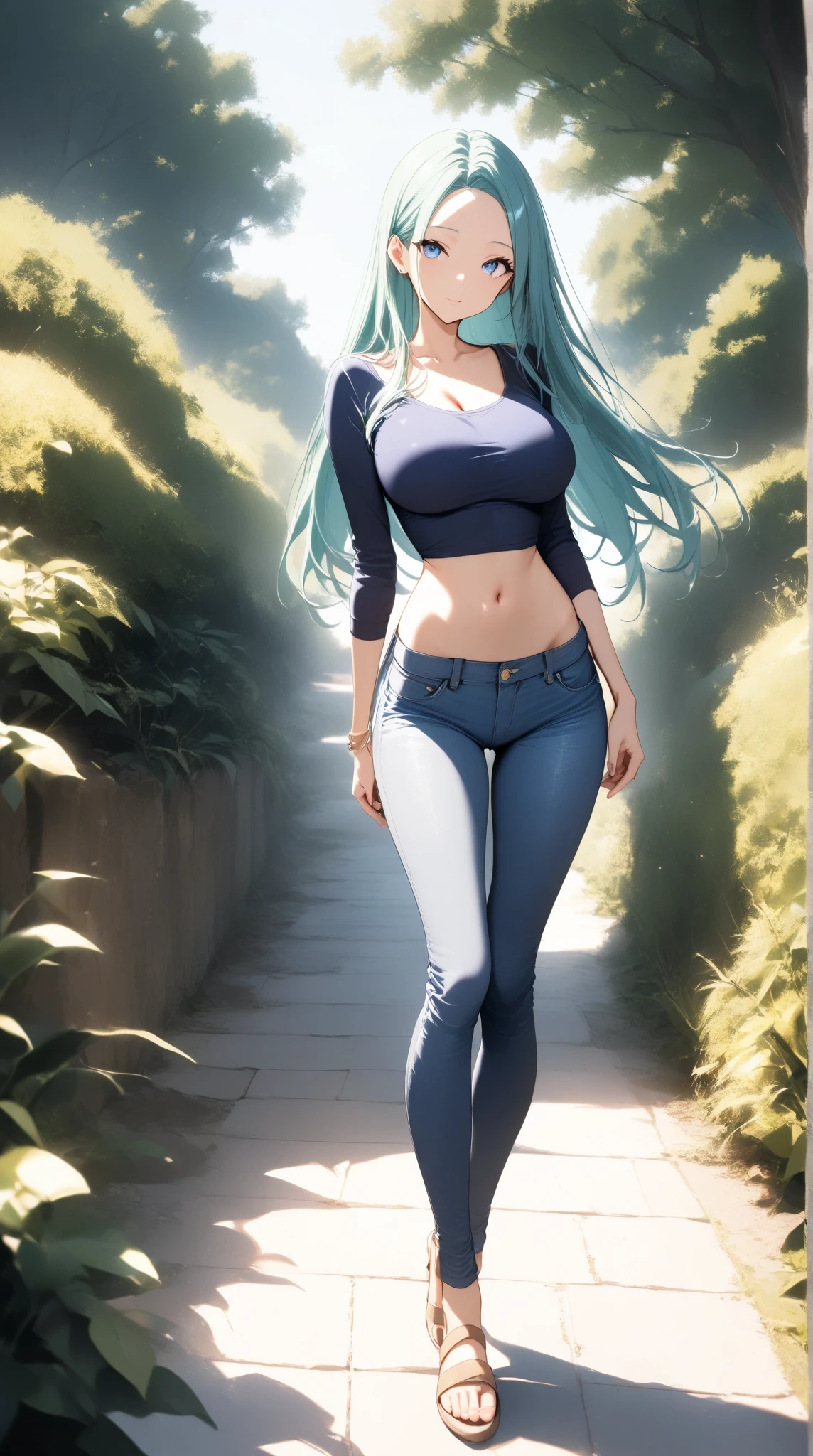 a woman wearing a casual blue shirt, white denim shorts, exposed thigh, sky long hair, sky blue eyes, sports shoes, walking in a forest park, concrete floor, big breasts, smiling.HDR, masterpiece, well defined, ultra resolution, high quality, 8k HD. (just a woman, solo)
