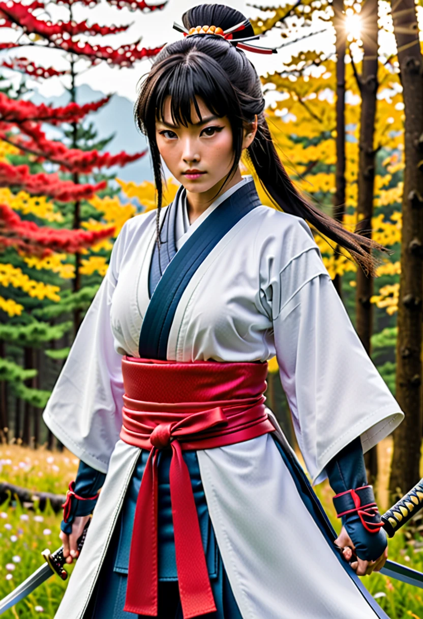 Kimetsu no Yaiba style, 1girl, unique, Blue eyes, Red poem, Extra long hair, red kimono, Obi belt, ((Masterpiece)), ((Personal photos a)), The forest is on fire, The forest is on fire