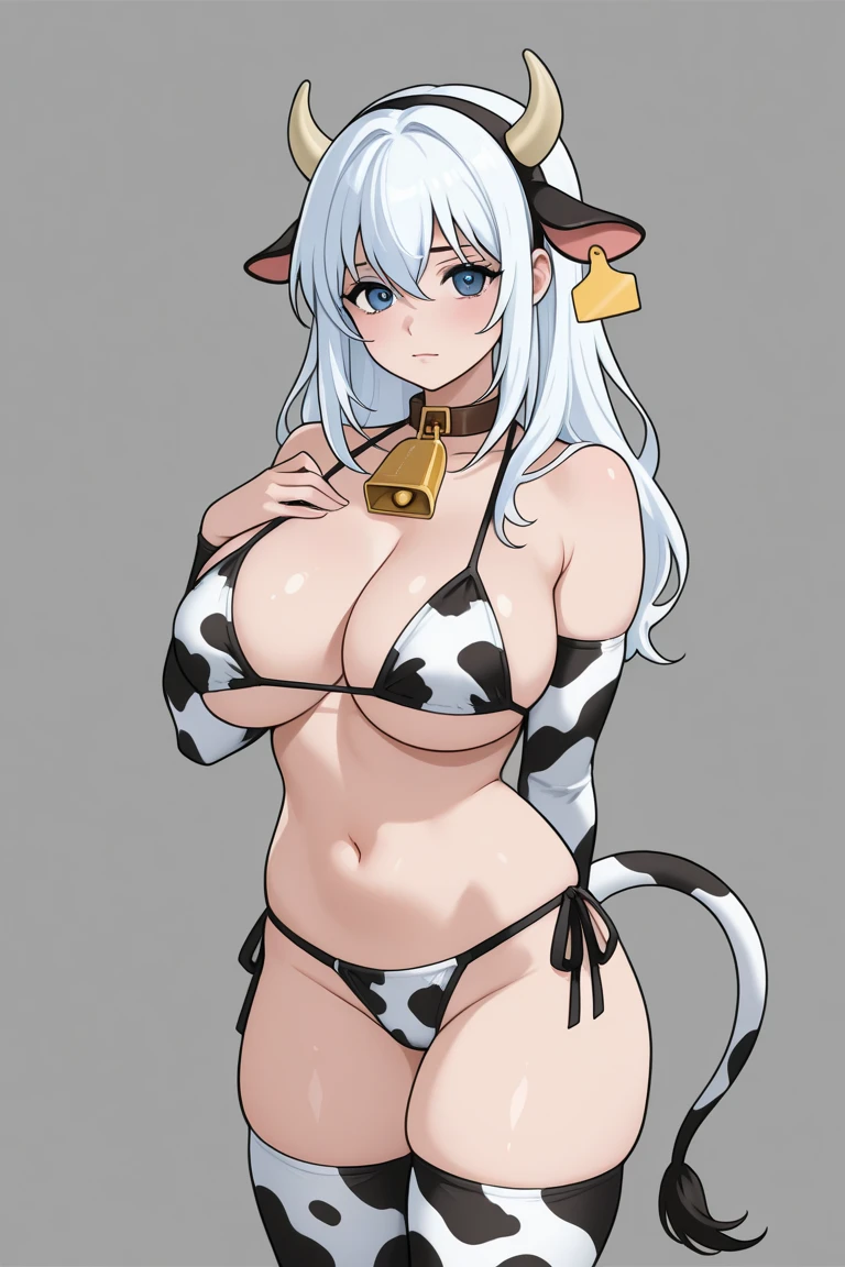 Girl, cow costume, short white hair, green eyes, cow horns, cow ears, cow collar, bell, cow tail, big breasts, exposed belly, short pants, cow skin, bikini