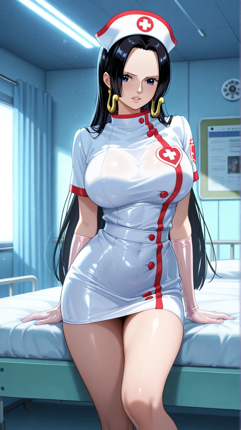 Taimanin Asagi、Asagi Igawa、Black Hair、Eyes are green、Long Hair、Huge breasts、Nurse uniform with open chest、Back view