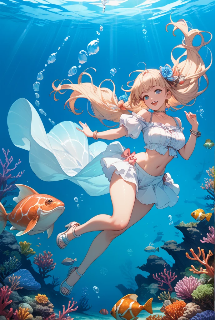 hiten kei style, claude monet, oil painting, mermaid, ((topless)), nsfw, masterpiece, underwater, coral reefs, schooling fish, 1 girl, erect nipples, intricately detailed, navel, bare shoulders, blonde hair, pearl necklace, fin hair ornaments, under sea, extremely detailed, bare breasts, puffy nipples, blue eyes, bare stomach, soaked, medium breasts, arm strap, swimming, teen, soft eyes, smiling, armpit, happy, half open eyes, lusty eyes, blushing, long hair, side bangs, huge nipples, erect nipples, detailed nipples