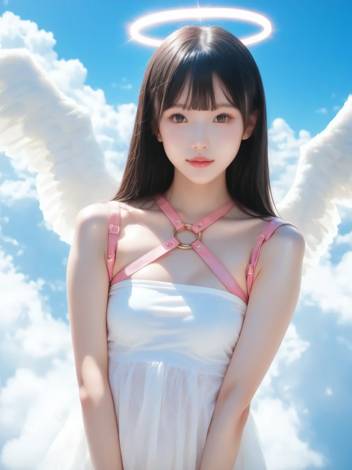One Girl, (beautiful girl, Delicate girl:1.3), (14 years old:1.3),
break, (Angel Costume, White Feather Wings:1.3),
break, (blue sky:1.2),
break, Very beautiful eyes, (Symmetrical eyes:1.3),
break, Small breasts, Brown eyes, Parted bangs, Brown Hair, (Upper teeth, The best smile:0.2),
break, (Eye and facial details:1.0),
break, (masterpiece, Highest quality, Very detailed, Detailed face, 8K)、In underwear