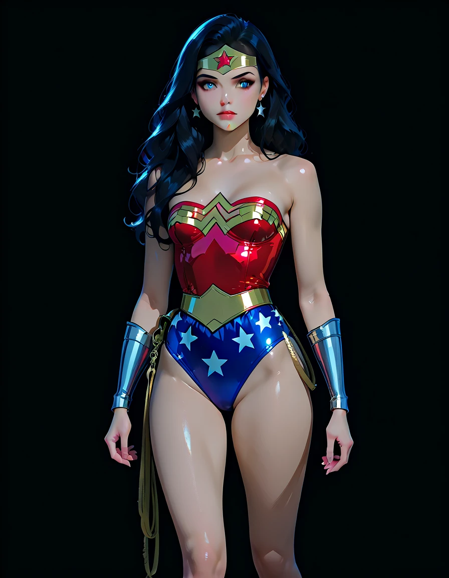 ((Full body):1.5), ((1 woman only):1.2), wearing {((wonder woman costume, extremely tight body):1.2)}, has {extremely big breasts}, {((she has black hair, long, wavy, blue eyes):1.2)}, she is looking at the viewer, Wonder Woman, (Intricate details, makeup), (Delicate and beautiful delicate face, Delicate and beautiful delicate eyes, perfectly proportioned face), (Glossy skin: 1.0), delicate skin, strong and realistic blue eyes, realistic black hair, lips, makeup, natural skin texture, tiara, red and gold bustier, blue leotard with white stars, silver bracelets, Red knee high boots, golden belt, (Wonder Woman clothing:1.0), bare shoulder, ((light tan skin: 1.4)), mature, sexy, elastic muscles, (muscles: 1.2), ((strong and healthy body)), ((((more) muscles))), long legs, curves, (big breasts: 1.3), ribs, thin waist, soft waist, (delicate skin), (beautiful and sexy woman), (swollen lips: 0.9), (eyelashes: 1.2), very delicate muscles, perfect body, perfect anatomy, perfect detail, perfect fingers, perfect limbs, {look of pure pleasure, expression of pure pleasure, {she is leaning against a lamppost, doing erotic poses for the viewer}, {Background: very fancy yacht ((full of people with different ethnicities and clothes):1.2)}, 16k, high quality, high detail, UHD