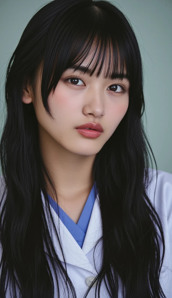 (masterpiece:1.33、32k、High resolution、Natural light color gradation、Realistic lighting、Soft Light:1.0、Ray Tracing Technology:1.22、Backlight、Fine shading、Three-dimensional effect of the face、Film Grain Effect:1.1、Fine details、natural、Delicate light and shadow、Sharp details、Highest quality realistic textures:1.22、Smooth, glowing skin、Delicately expressing pores and fine hairs:1.33)、A natural pale pink complexion on the cheeks、Black straight hair、Shoulder length、Bangs reach the eyebrows、Each and every hair is drawn in detail、Has a natural shine、Shines where light hits、Big brown eyes、The iris pattern is depicted in detail.、The pupil is clearly visible in the center、The light from the window reflects in your eyes、The reflection of light gives the eyes a little sparkle、Thin blood vessels are visible in the whites of the eyes around the pupils.、Adding Realism、Each long eyelash is carefully drawn.、Naturally shaped eyebrows、The flow of hair is clearly visible、With a bright smile、I can see my pure white teeth、Lips are naturally pink、Realistic expression of texture and gloss、There is a slight shadow on the edge of the lips、It has a three-dimensional effect、Subtle light reflections are drawn on the surface of the teeth.、Gums are a healthy pink color、Smooth jaw and beautiful face line、There is a slight shadow under the chin、The boundary with the neck is drawn naturally.、The fine muscle lines are visible on the neck.、Healthy impression、White blouse and navy blue sailor suit、The uniform has a neatly tied red ribbon on the collar.、The texture and wrinkles of the clothing fibers are depicted in detail. Gorgeous lipstick, lipsicle pink