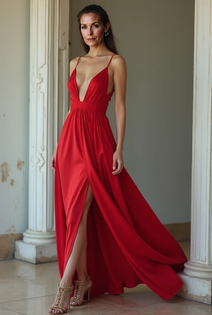Emma Watson as long hair:2.0, big breast:1.6, (red ancient dress split, thigh gap, chest split), (Top quality, 4k, 8K, high resolution, Masterpiece: 1.2), Super detail, (realistic, photo realistic, photo-realistic: 1.37), (forced collective sex, sex slave), (Red slit), split cloth, (Wild gang members), ((tied realistic hands and feet)). In an abandoned tuff house, sassi_di_matera in background