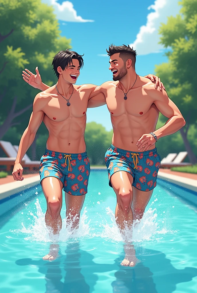 Candid fashion illustration of two young mixed-race male supermodels, both aged 20, showcasing a fashion look book in men's thong underwear. an elegant, young, and sexy 2man. complement each other in their sexy sheer swimsuits with wet thick bulge, Captured in a low angle, bulge focus,full-body image with an imperfect watercolor paint background. The illustration is a sketching, realistic drawing with an imperfect watercolor effect, resembling a fashion look book, crafted by a fashion illustrator, and inspired by Jacquemus. The models are depicted as a gay couple, handsome, with noticeable features.