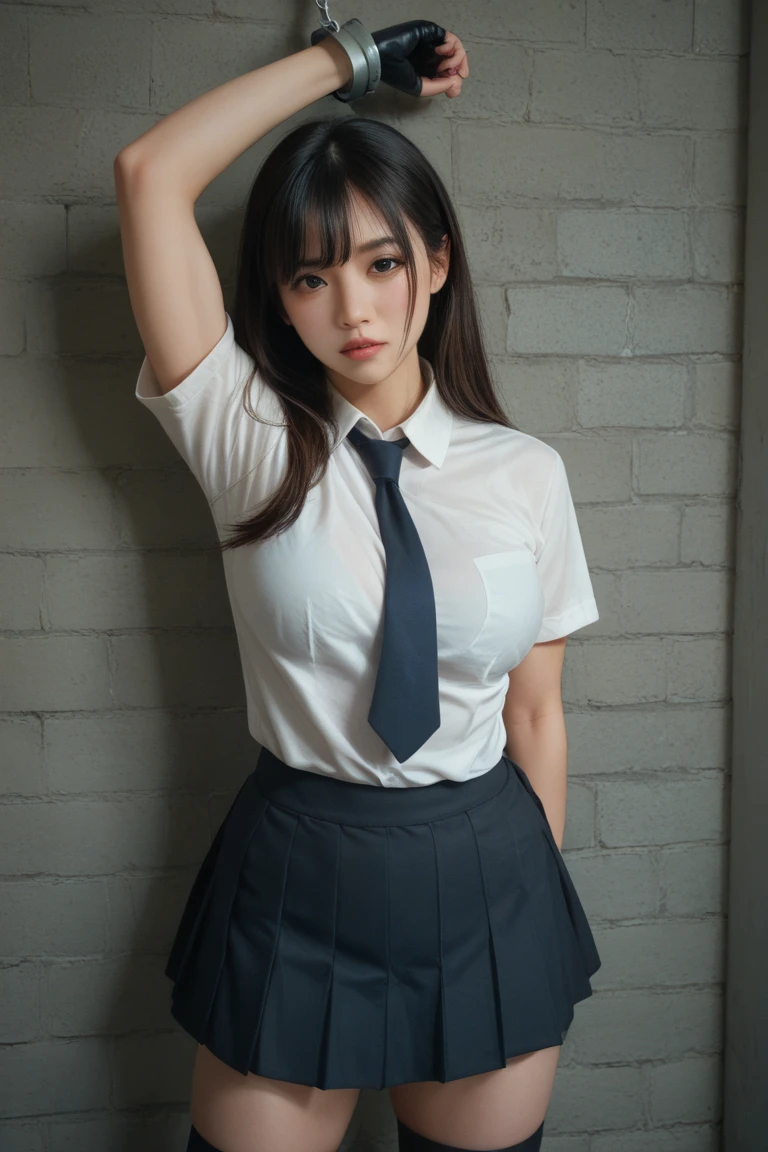 (masterpiece, Highest quality, 8K, High resolution),(Realistic skin texture, Perfect Face, Realistic, Perfect hands, Perfect finger count, Japanese, Girl), (20-year-old), Big Eyes, Brown eyes, Brown Hair, bangs, Twin tails, Big hair ribbon, Small face, Crying face, ((White button-up shirt, tits, tie, Mini Pleated Skirt)), Leaning against a wall, Cute pose, In an abandoned house, Litter