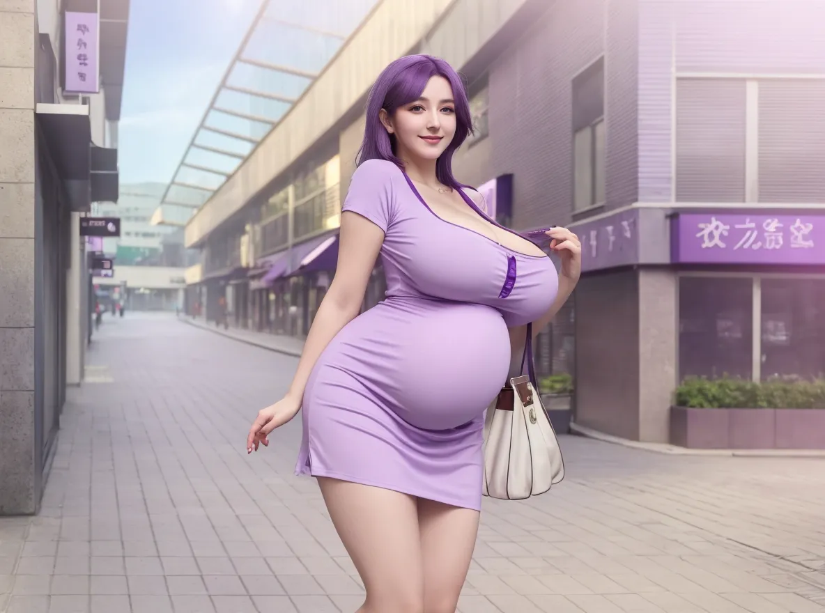 blackdress, Pregnant Woman, (top-quality, 4K, Master Parts: 1.3), beautiful woman is pregnant, Hyper realistic, 1 mature woman, (Massive breasts, attractive bodies: 1.2), abdominal: 1.1, purple color hair: 1.3, (Wet rain, Wet in the rain, Wet body:1.2), hyperdetailed face, Detailed lips, A detailed eye, 二重まぶた, Sensual dress with low collar, Open neckline, hanging breasted, Horizontal Pose, Visible curves, Cyberpunk Neon Street, Black Dress, purple color hair, 4K、very plump body、purple color hair、purple color hair、blackdress, blackdress,